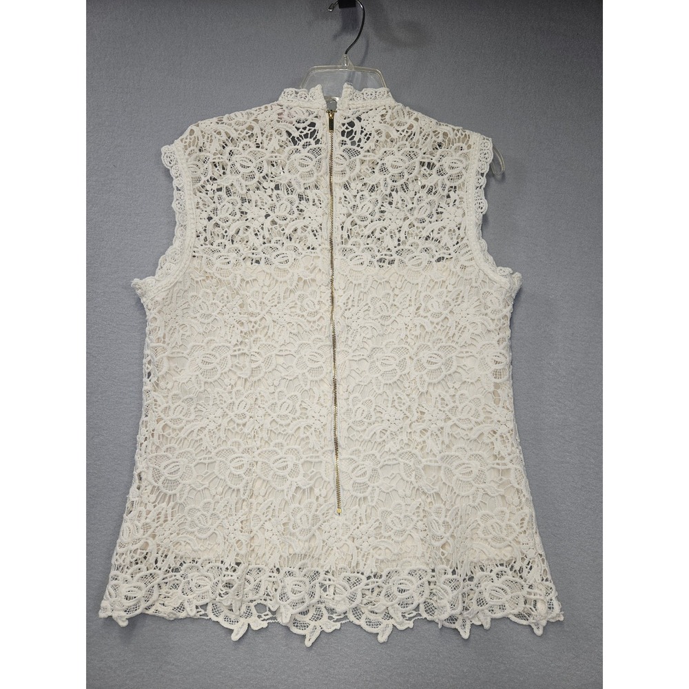 Nanette Nanette Lepore Cream Floral Lace Mock Neck Sleeveless Blouse Large